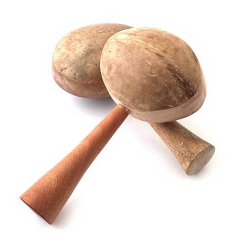 pair of coconut shakers with wooden handles