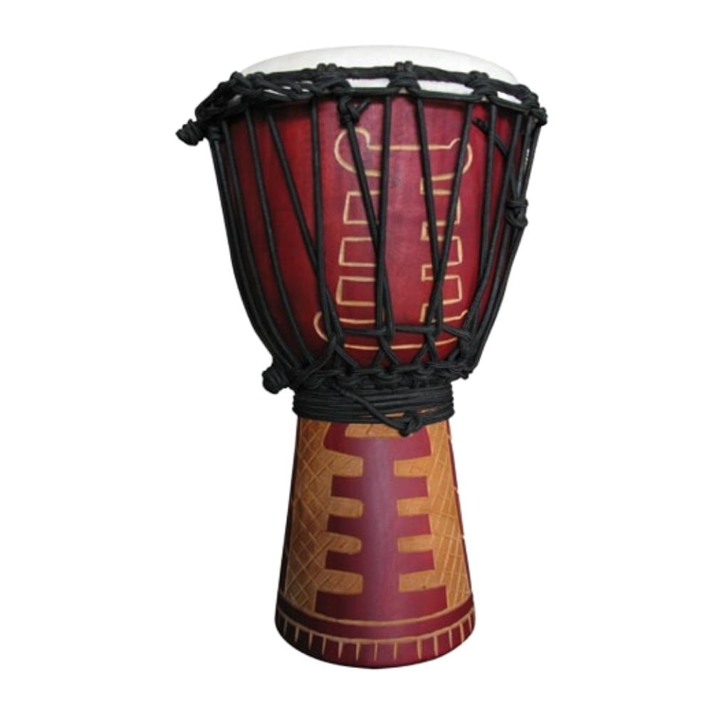 red and brown carved design djembe drum tall