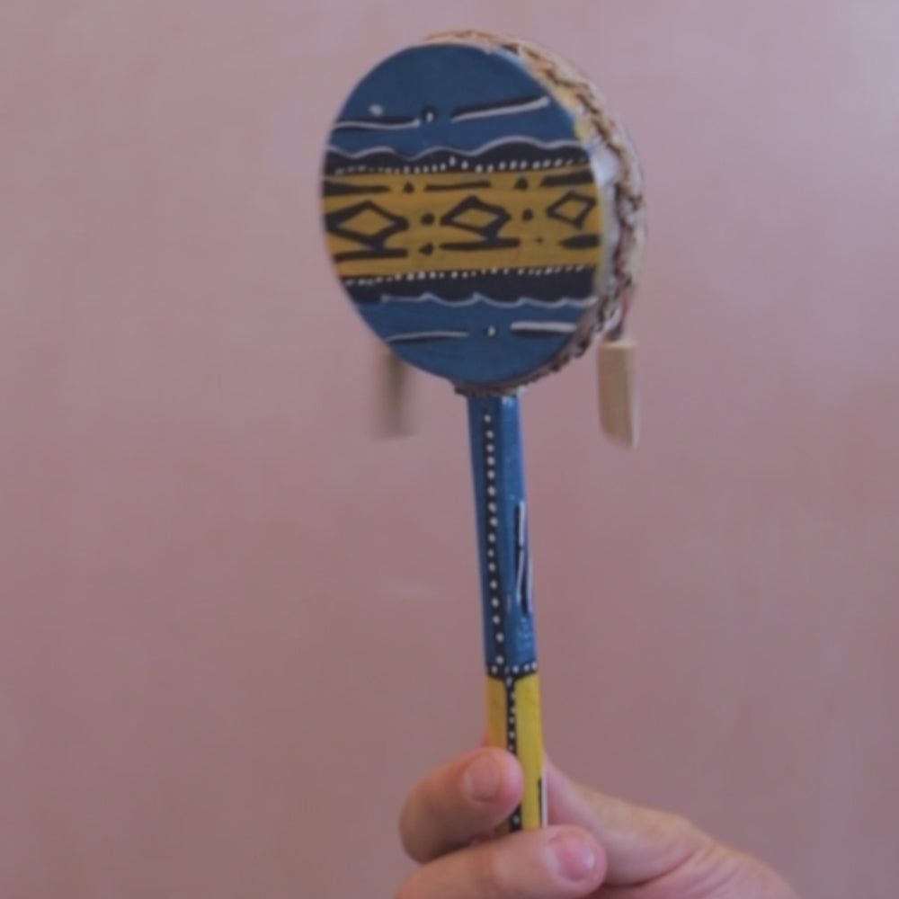 Blue and yellow hand painted African Nakuru monkey drum sound demonstration video