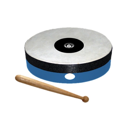 wooden goats hide hand drum with beater blue