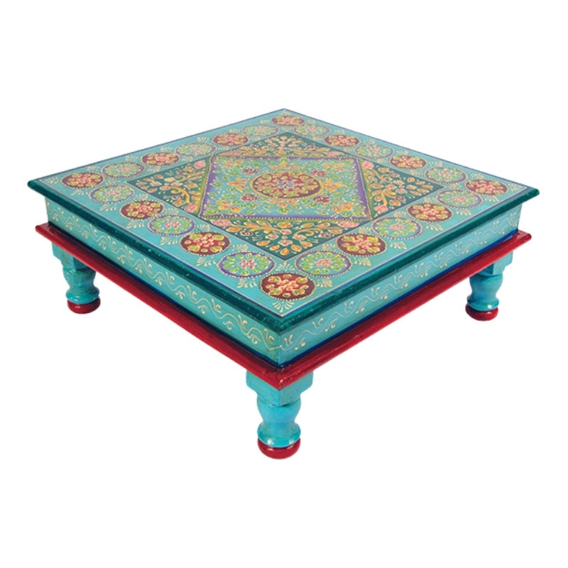 Traditional Indian low bajot table with hand painted blue design
