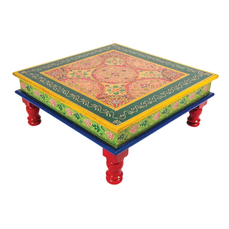 Traditional Indian low bajot table with hand painted green design