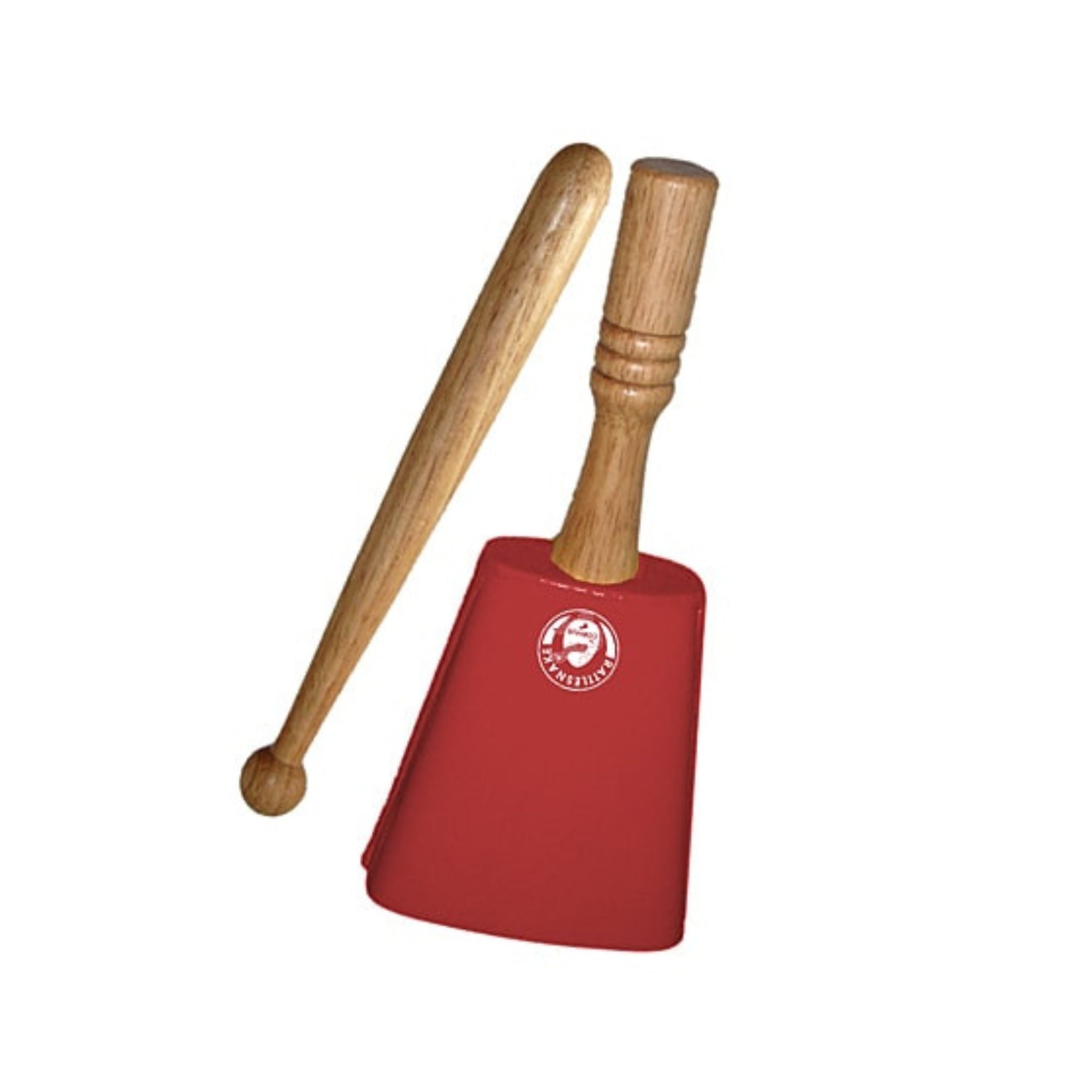 Red rattlesnake percussion cowbell with solid wood handle and beater