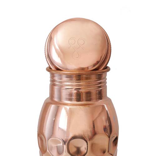Close up of Designed Lid of Copper Water Bottle (600 ml) with white background