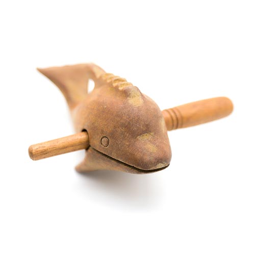Solid wood dolphin guiro whistle with beater in mouth 