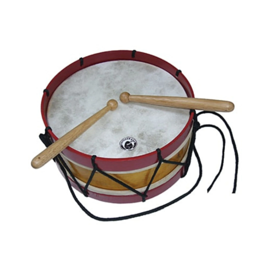 Red and yellow marching drum with beaters 