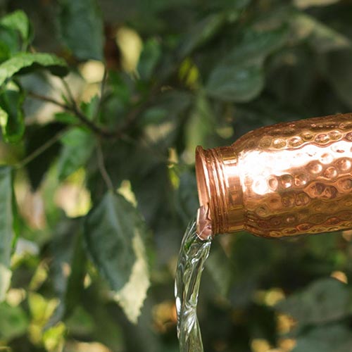 Copper Water Bottle with leaves on background
