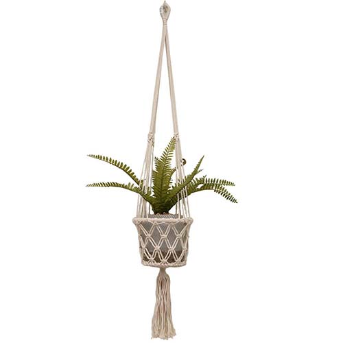 Long hanging macrame planter hanger with white background