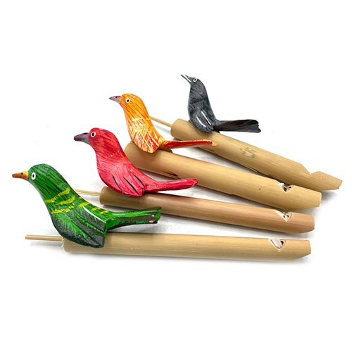 bundle of colourful bamboo bird whistles