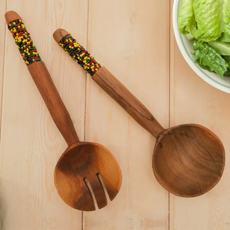 Handmade African olive wood salad servers with beaded handles