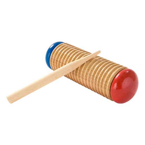Red and blue torus guiro shaker with rasp stick
